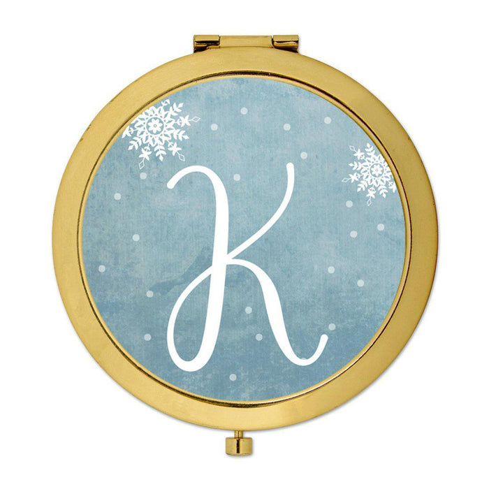 Andaz Press Blue Winter Snowflakes Monogram Gold 2.75 inch Round Compact Mirror-Set of 1-Andaz Press-K-