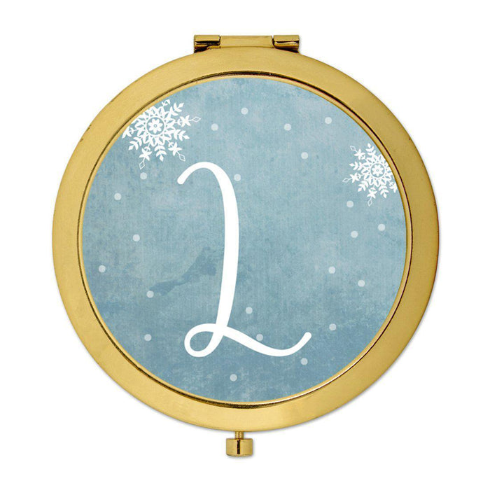 Andaz Press Blue Winter Snowflakes Monogram Gold 2.75 inch Round Compact Mirror-Set of 1-Andaz Press-L-