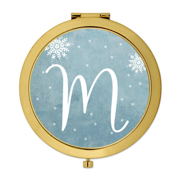Andaz Press Blue Winter Snowflakes Monogram Gold 2.75 inch Round Compact Mirror-Set of 1-Andaz Press-M-