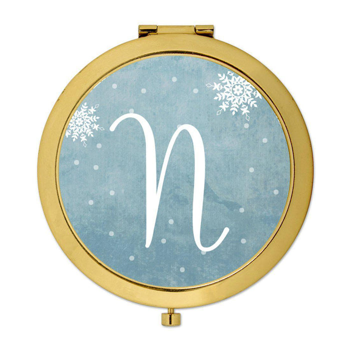 Andaz Press Blue Winter Snowflakes Monogram Gold 2.75 inch Round Compact Mirror-Set of 1-Andaz Press-N-