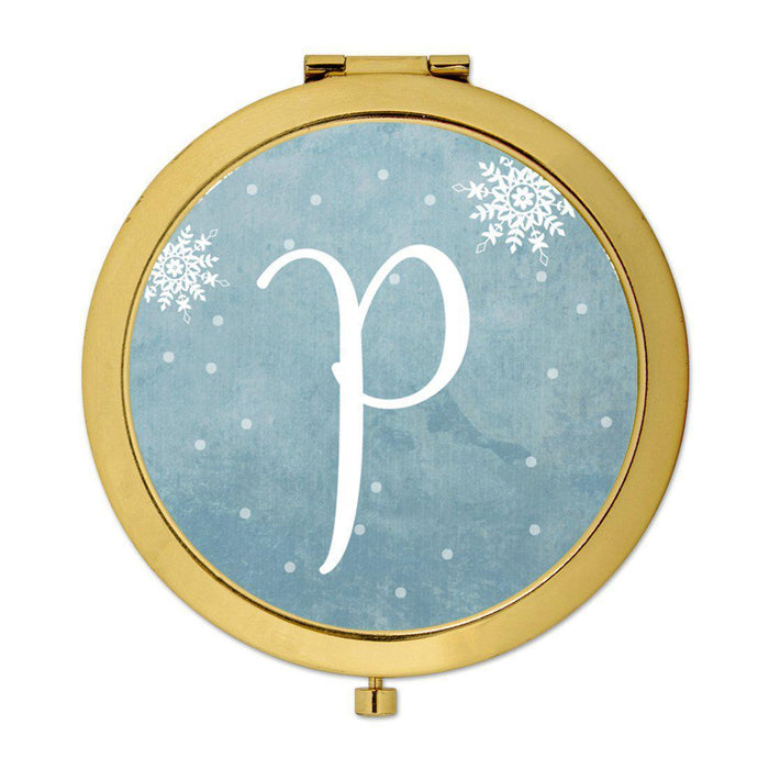Andaz Press Blue Winter Snowflakes Monogram Gold 2.75 inch Round Compact Mirror-Set of 1-Andaz Press-P-