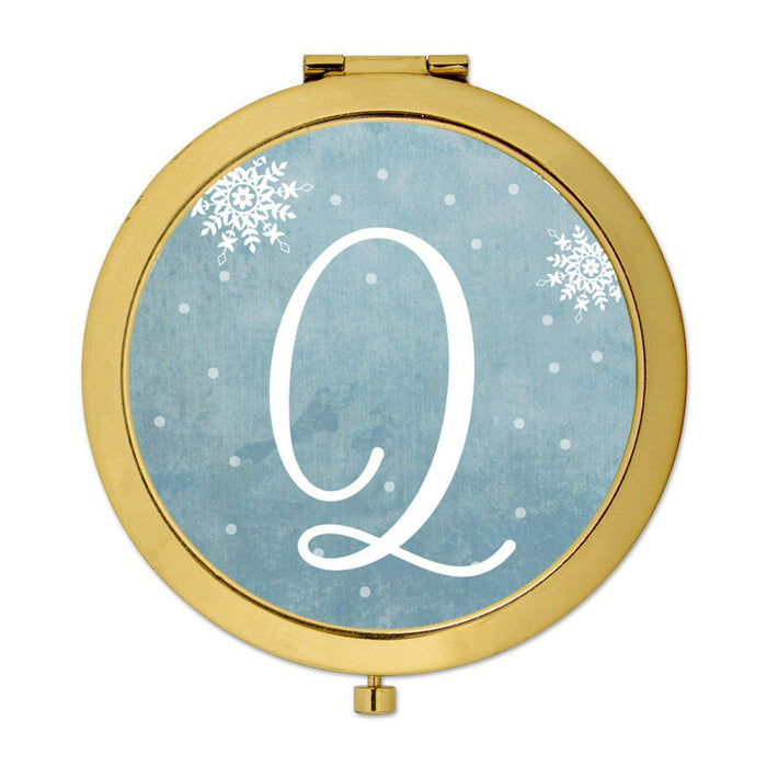 Andaz Press Blue Winter Snowflakes Monogram Gold 2.75 inch Round Compact Mirror-Set of 1-Andaz Press-Q-
