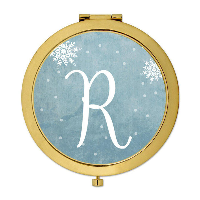 Andaz Press Blue Winter Snowflakes Monogram Gold 2.75 inch Round Compact Mirror-Set of 1-Andaz Press-R-