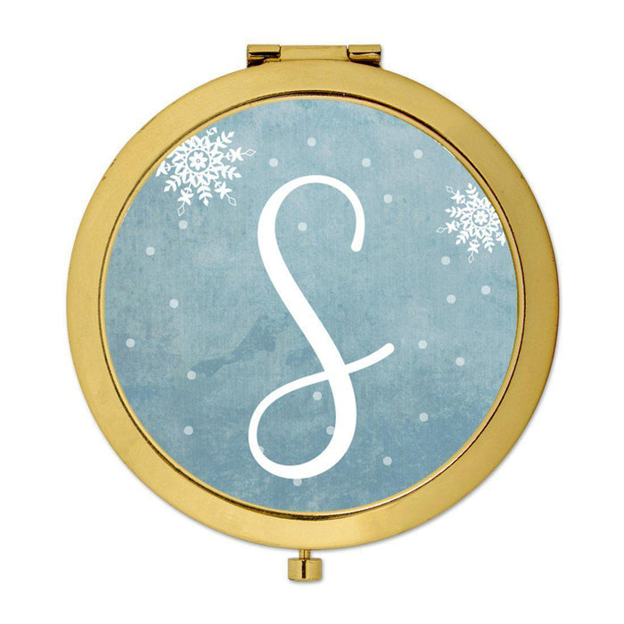 Andaz Press Blue Winter Snowflakes Monogram Gold 2.75 inch Round Compact Mirror-Set of 1-Andaz Press-S-