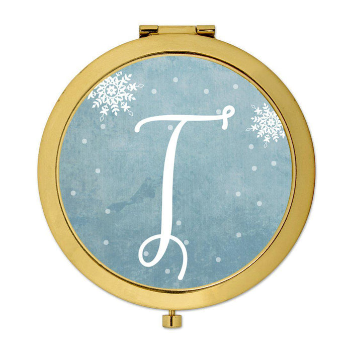 Andaz Press Blue Winter Snowflakes Monogram Gold 2.75 inch Round Compact Mirror-Set of 1-Andaz Press-T-