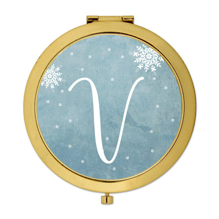 Andaz Press Blue Winter Snowflakes Monogram Gold 2.75 inch Round Compact Mirror-Set of 1-Andaz Press-V-