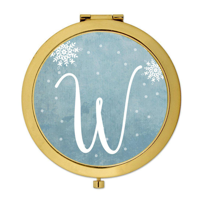 Andaz Press Blue Winter Snowflakes Monogram Gold 2.75 inch Round Compact Mirror-Set of 1-Andaz Press-W-