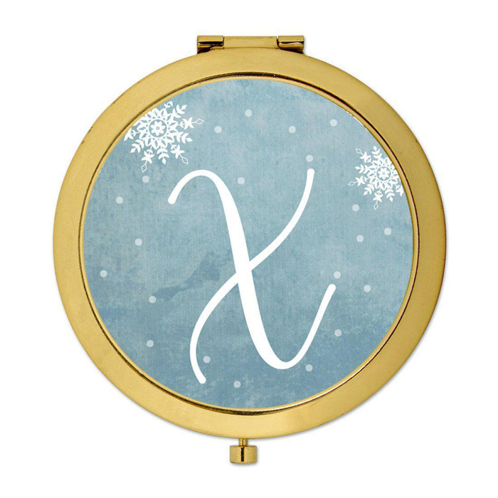 Andaz Press Blue Winter Snowflakes Monogram Gold 2.75 inch Round Compact Mirror-Set of 1-Andaz Press-X-