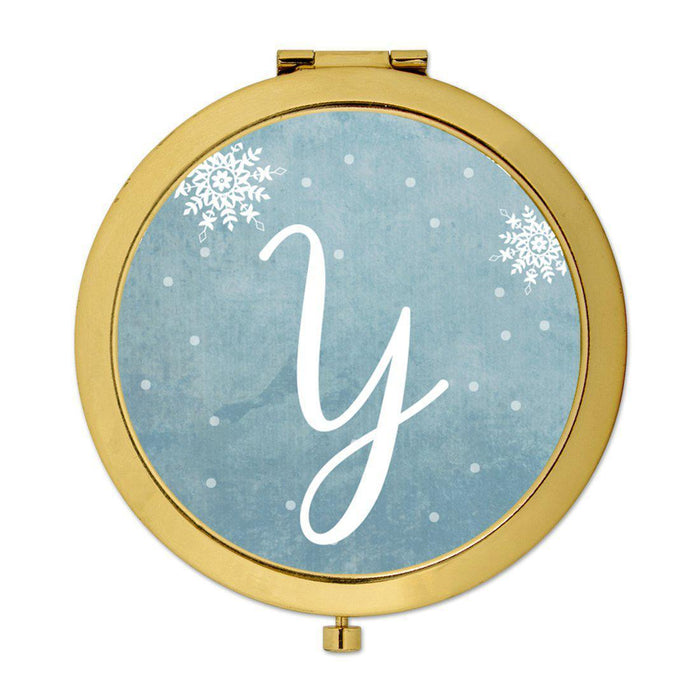 Andaz Press Blue Winter Snowflakes Monogram Gold 2.75 inch Round Compact Mirror-Set of 1-Andaz Press-Y-