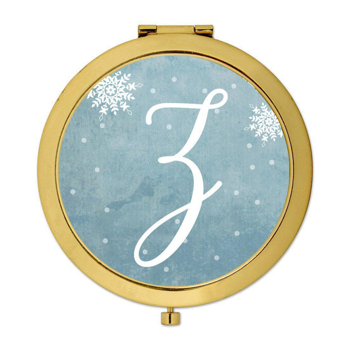 Andaz Press Blue Winter Snowflakes Monogram Gold 2.75 inch Round Compact Mirror-Set of 1-Andaz Press-Z-