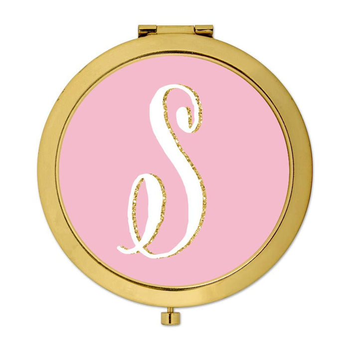 Andaz Press Blush Pink Faux Gold Glitter Monogram Gold Compact Mirror-Set of 1-Andaz Press-A-