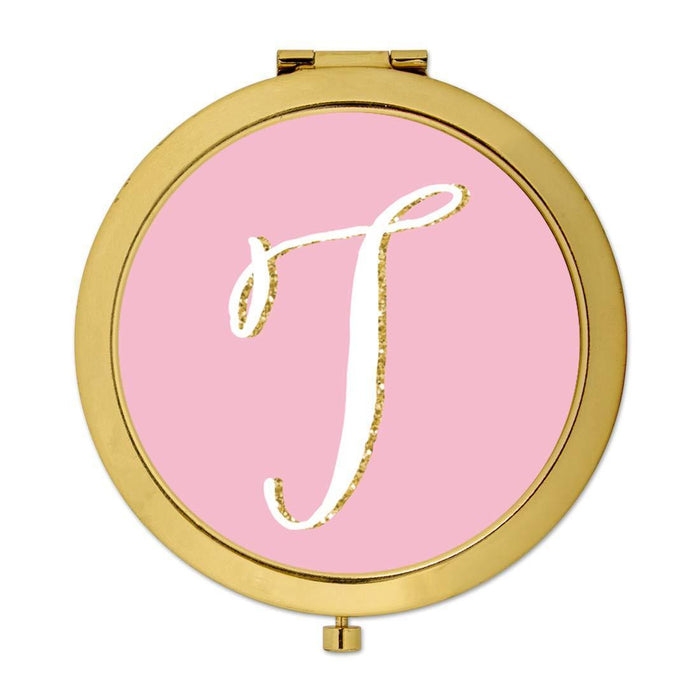 Andaz Press Blush Pink Faux Gold Glitter Monogram Gold Compact Mirror-Set of 1-Andaz Press-A-