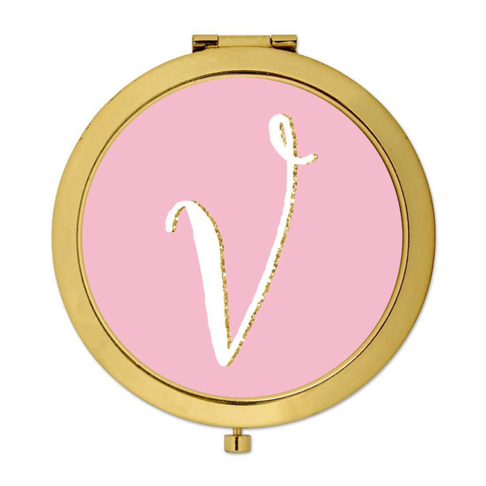 Andaz Press Blush Pink Faux Gold Glitter Monogram Gold Compact Mirror-Set of 1-Andaz Press-V-