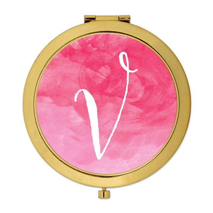 Andaz Press Blush Pink Watercolor Monogram Gold 2.75 inch Round Compact Mirror-Set of 1-Andaz Press-V-