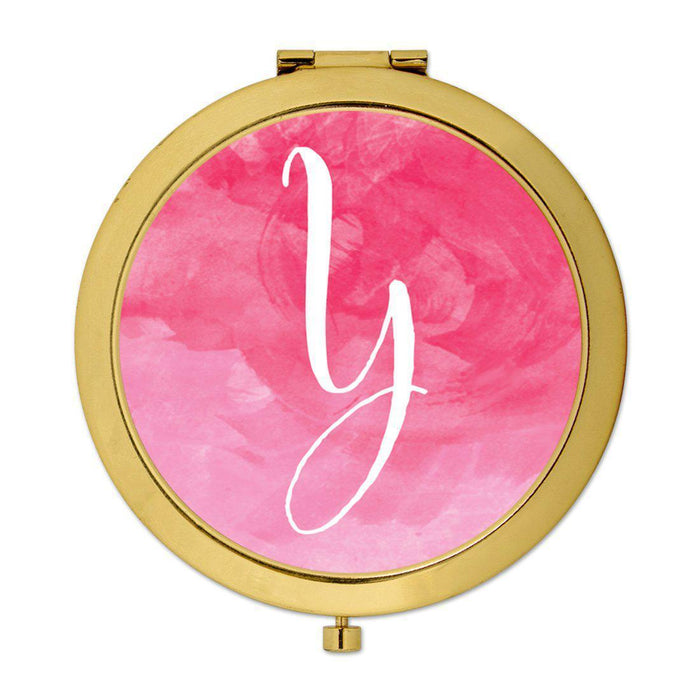 Andaz Press Blush Pink Watercolor Monogram Gold 2.75 inch Round Compact Mirror-Set of 1-Andaz Press-Y-