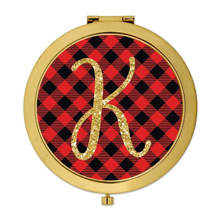 Andaz Press Buffalo Red Plaid With Gold Glitter Monogram Gold Compact Mirror-Set of 1-Andaz Press-A-
