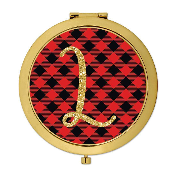Andaz Press Buffalo Red Plaid With Gold Glitter Monogram Gold Compact Mirror-Set of 1-Andaz Press-A-
