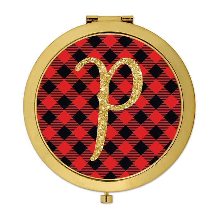 Andaz Press Buffalo Red Plaid With Gold Glitter Monogram Gold Compact Mirror-Set of 1-Andaz Press-A-