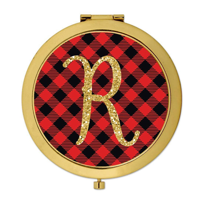 Andaz Press Buffalo Red Plaid With Gold Glitter Monogram Gold Compact Mirror-Set of 1-Andaz Press-A-