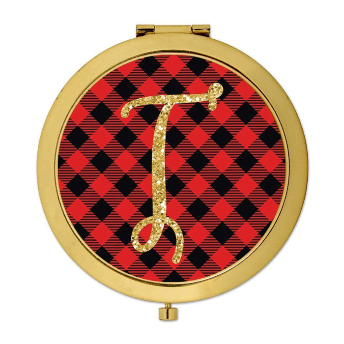 Andaz Press Buffalo Red Plaid With Gold Glitter Monogram Gold Compact Mirror-Set of 1-Andaz Press-A-