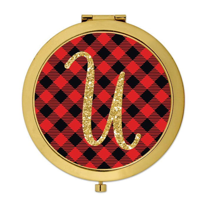 Andaz Press Buffalo Red Plaid With Gold Glitter Monogram Gold Compact Mirror-Set of 1-Andaz Press-A-
