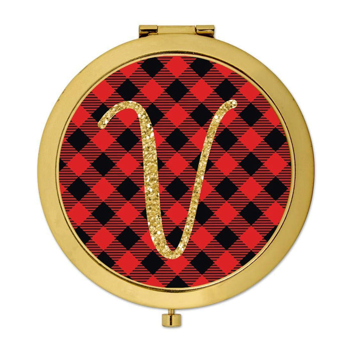 Andaz Press Buffalo Red Plaid With Gold Glitter Monogram Gold Compact Mirror-Set of 1-Andaz Press-A-