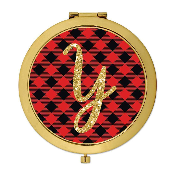 Andaz Press Buffalo Red Plaid With Gold Glitter Monogram Gold Compact Mirror-Set of 1-Andaz Press-A-
