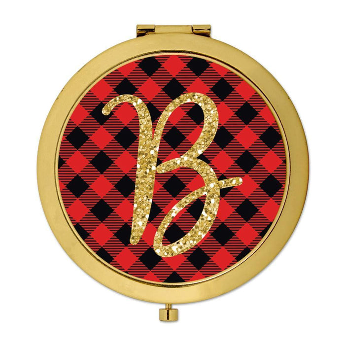 Andaz Press Buffalo Red Plaid With Gold Glitter Monogram Gold Compact Mirror-Set of 1-Andaz Press-A-