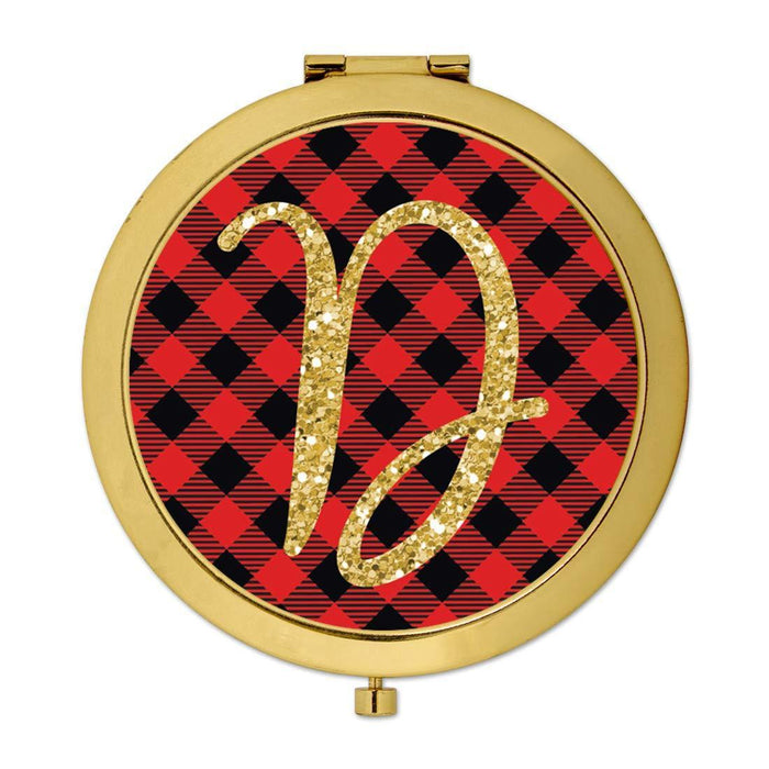 Andaz Press Buffalo Red Plaid With Gold Glitter Monogram Gold Compact Mirror-Set of 1-Andaz Press-A-