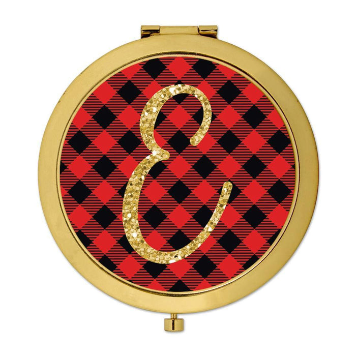 Andaz Press Buffalo Red Plaid With Gold Glitter Monogram Gold Compact Mirror-Set of 1-Andaz Press-A-