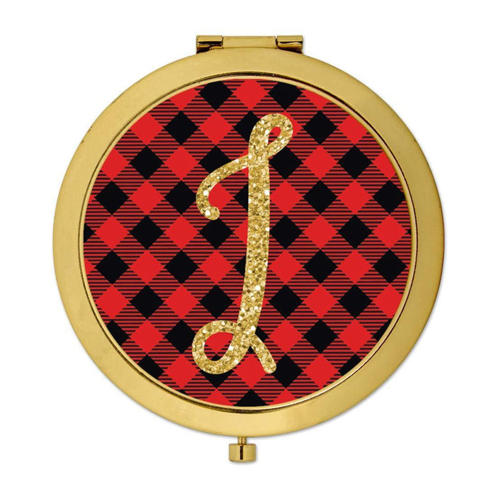 Andaz Press Buffalo Red Plaid With Gold Glitter Monogram Gold Compact Mirror-Set of 1-Andaz Press-A-