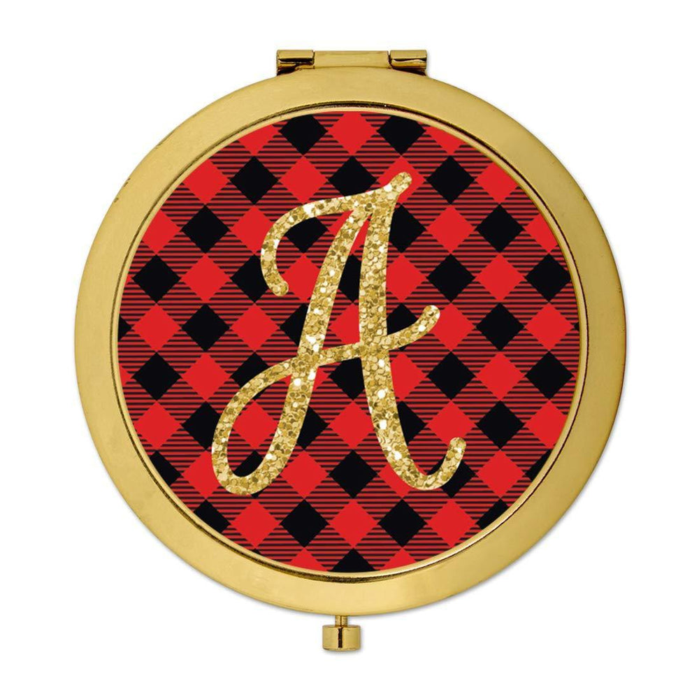 Andaz Press Buffalo Red Plaid With Gold Glitter Monogram Gold Compact Mirror-Set of 1-Andaz Press-A-