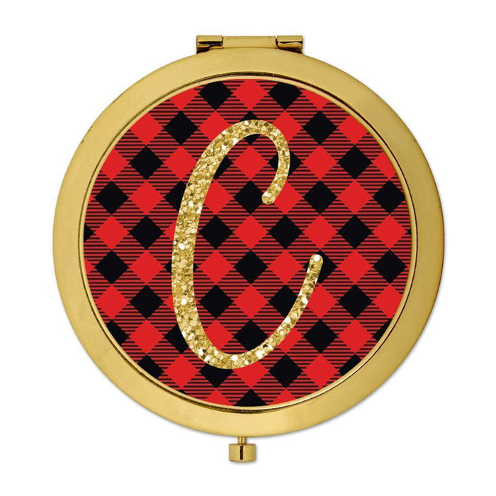 Andaz Press Buffalo Red Plaid With Gold Glitter Monogram Gold Compact Mirror-Set of 1-Andaz Press-C-