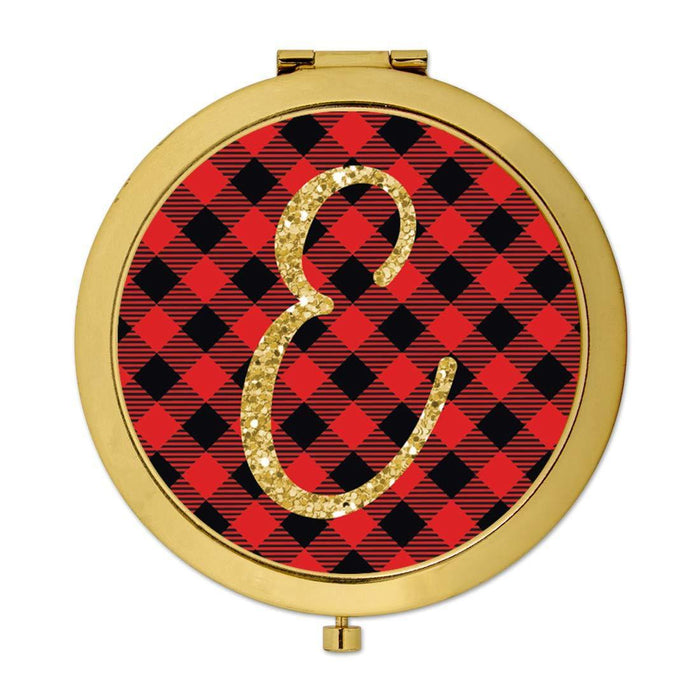 Andaz Press Buffalo Red Plaid With Gold Glitter Monogram Gold Compact Mirror-Set of 1-Andaz Press-E-