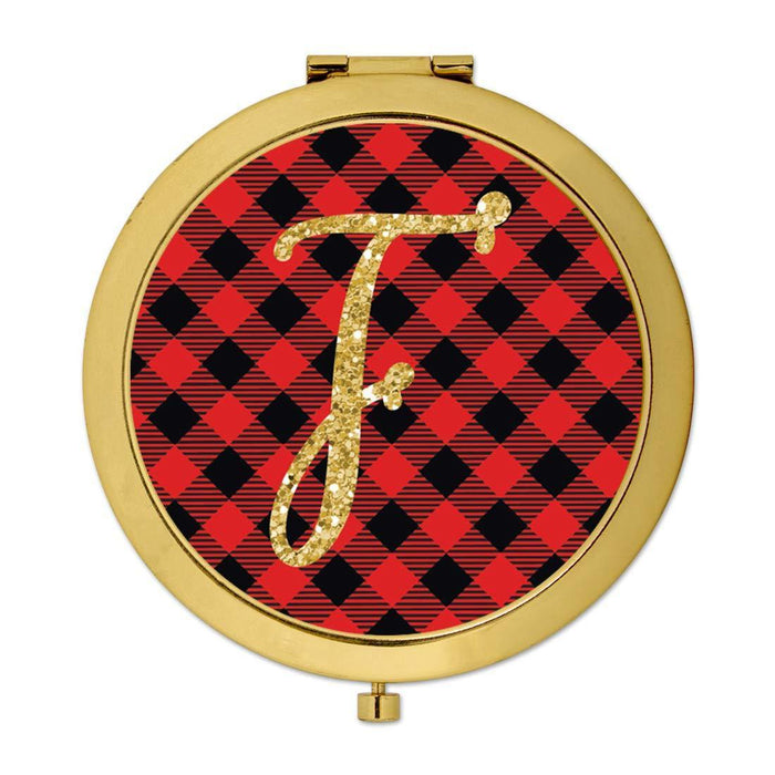 Andaz Press Buffalo Red Plaid With Gold Glitter Monogram Gold Compact Mirror-Set of 1-Andaz Press-F-