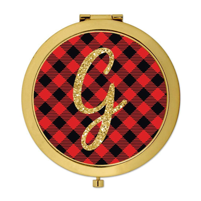 Andaz Press Buffalo Red Plaid With Gold Glitter Monogram Gold Compact Mirror-Set of 1-Andaz Press-G-
