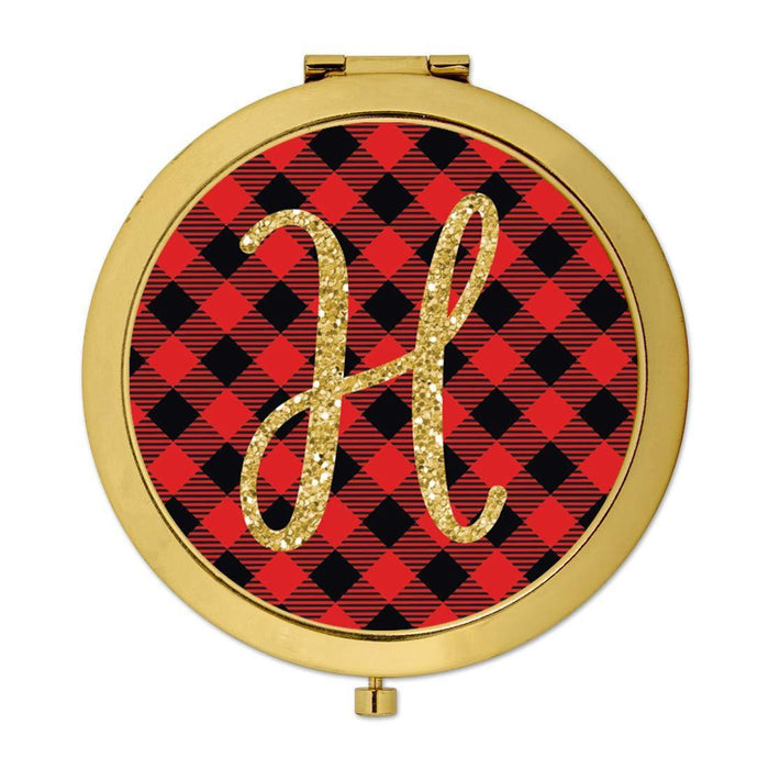 Andaz Press Buffalo Red Plaid With Gold Glitter Monogram Gold Compact Mirror-Set of 1-Andaz Press-H-
