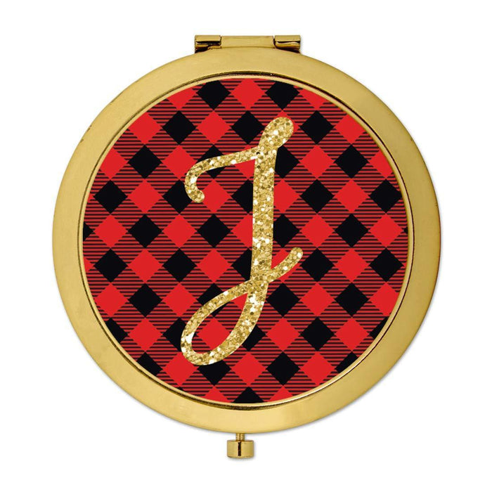Andaz Press Buffalo Red Plaid With Gold Glitter Monogram Gold Compact Mirror-Set of 1-Andaz Press-J-