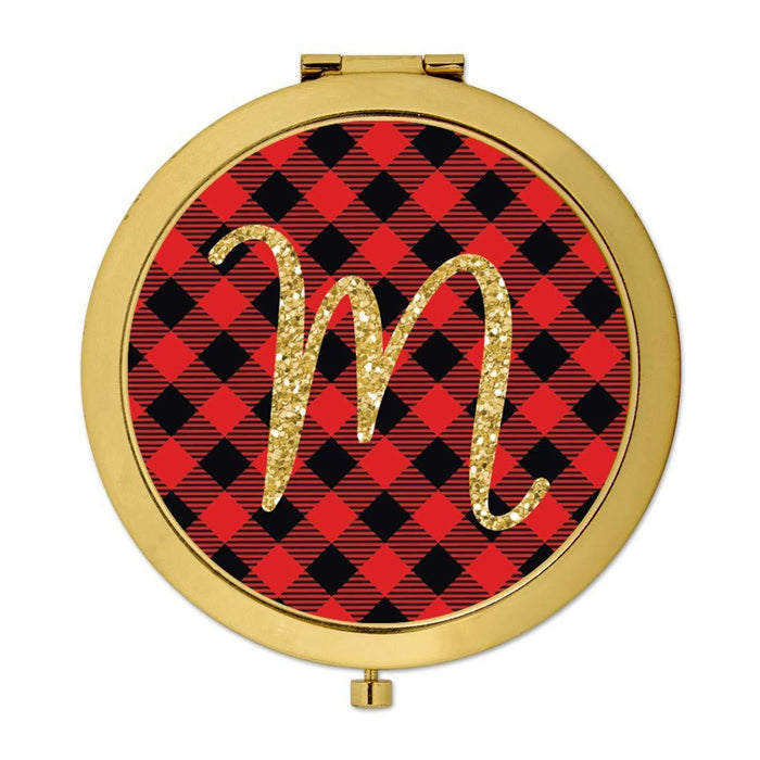 Andaz Press Buffalo Red Plaid With Gold Glitter Monogram Gold Compact Mirror-Set of 1-Andaz Press-M-
