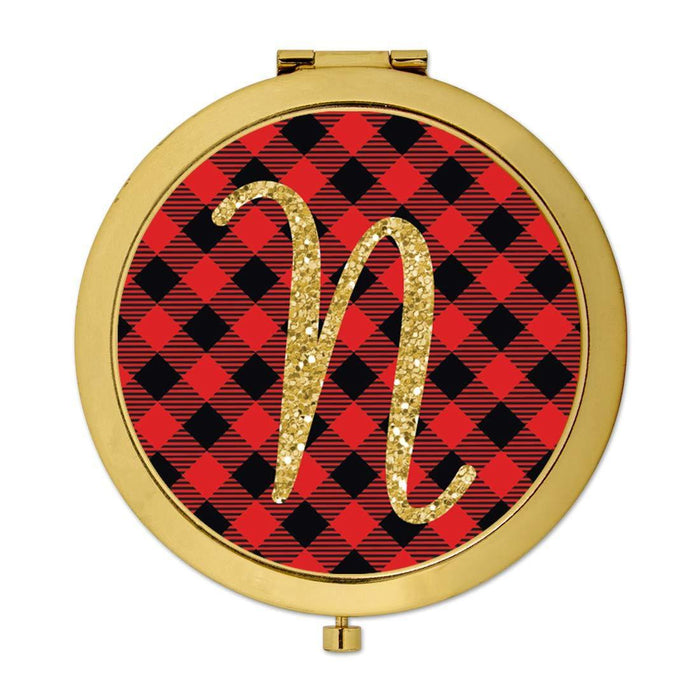 Andaz Press Buffalo Red Plaid With Gold Glitter Monogram Gold Compact Mirror-Set of 1-Andaz Press-N-