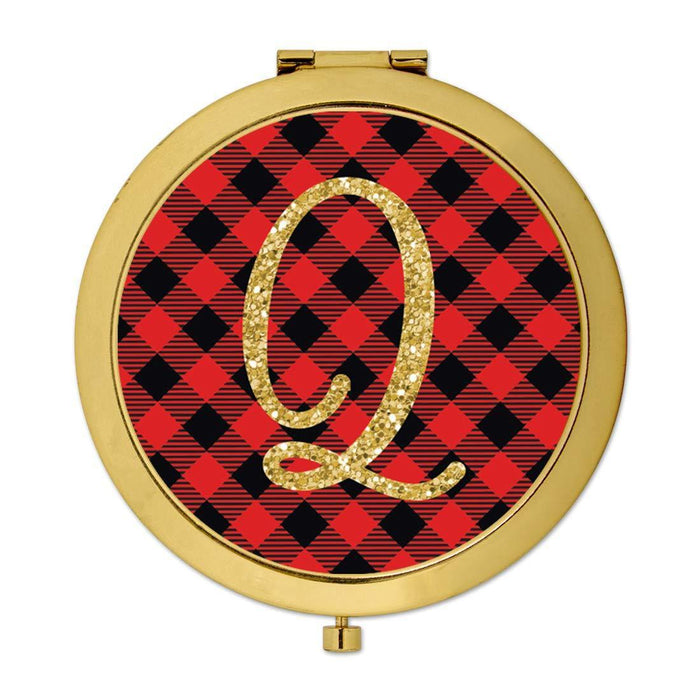 Andaz Press Buffalo Red Plaid With Gold Glitter Monogram Gold Compact Mirror-Set of 1-Andaz Press-Q-
