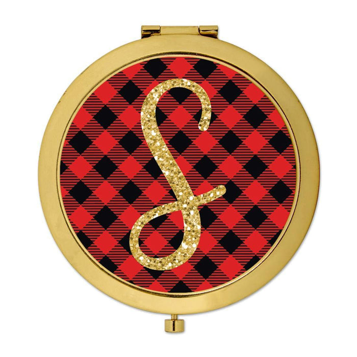 Andaz Press Buffalo Red Plaid With Gold Glitter Monogram Gold Compact Mirror-Set of 1-Andaz Press-S-