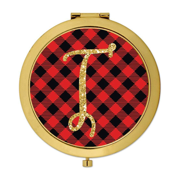 Andaz Press Buffalo Red Plaid With Gold Glitter Monogram Gold Compact Mirror-Set of 1-Andaz Press-T-