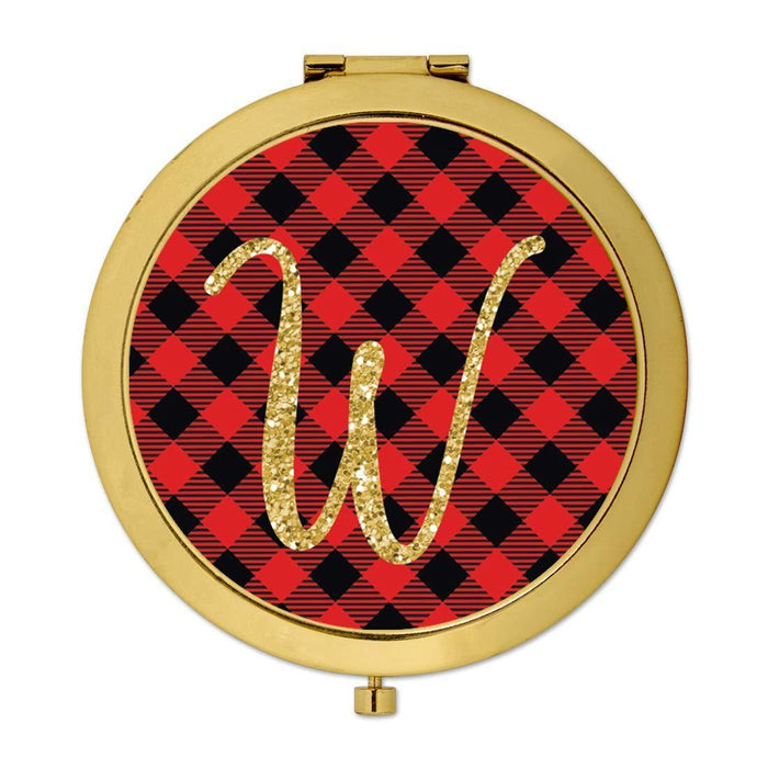 Andaz Press Buffalo Red Plaid With Gold Glitter Monogram Gold Compact Mirror-Set of 1-Andaz Press-W-