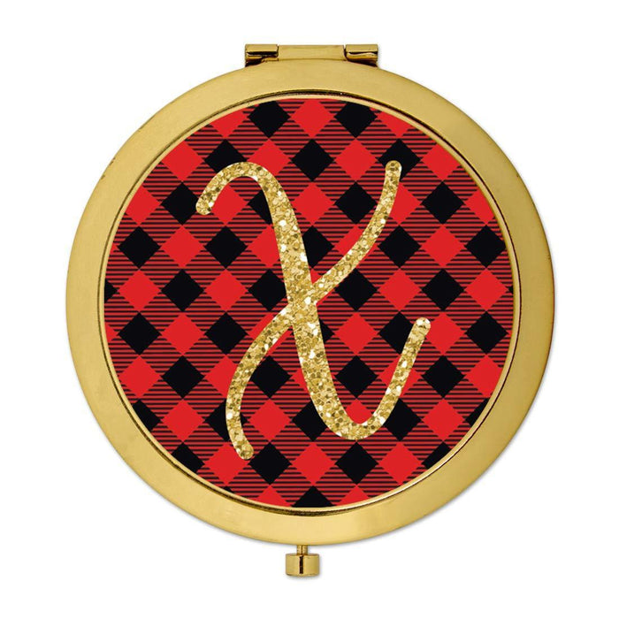 Andaz Press Buffalo Red Plaid With Gold Glitter Monogram Gold Compact Mirror-Set of 1-Andaz Press-X-
