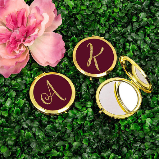 Andaz Press Burgundy Maroon Jewel Tone with Faux Gold Glitter Monogram 2.75 inch Round Gold Compact Mirror-Set of 1-Andaz Press-A-