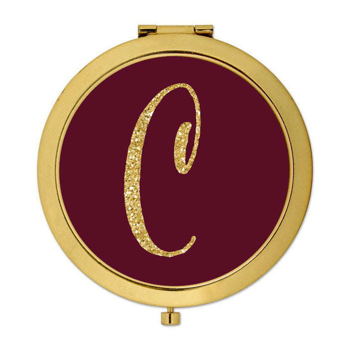 Andaz Press Burgundy Maroon Jewel Tone with Faux Gold Glitter Monogram 2.75 inch Round Gold Compact Mirror-Set of 1-Andaz Press-C-