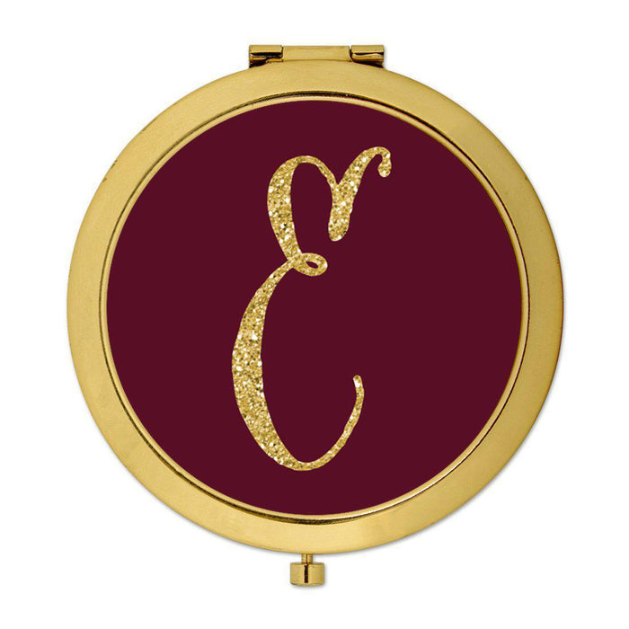Andaz Press Burgundy Maroon Jewel Tone with Faux Gold Glitter Monogram 2.75 inch Round Gold Compact Mirror-Set of 1-Andaz Press-E-