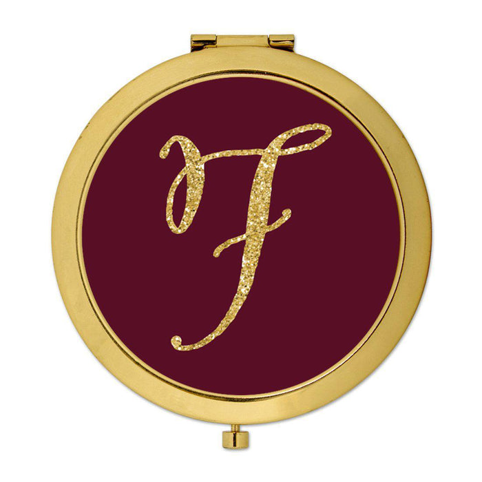 Andaz Press Burgundy Maroon Jewel Tone with Faux Gold Glitter Monogram 2.75 inch Round Gold Compact Mirror-Set of 1-Andaz Press-F-