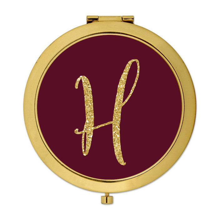Andaz Press Burgundy Maroon Jewel Tone with Faux Gold Glitter Monogram 2.75 inch Round Gold Compact Mirror-Set of 1-Andaz Press-H-